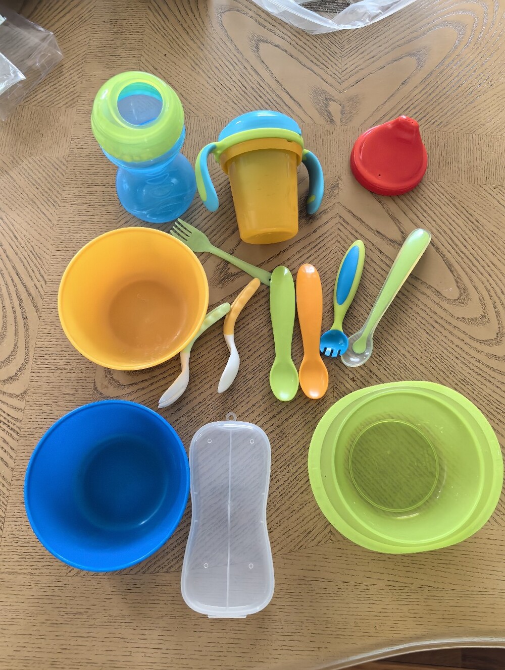 Lot of 14 pieces baby feeding utensils spoon bowl set fisherprice sippy cup lid